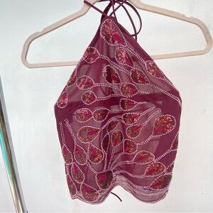 Y2K Burgundy Beaded Backless Fairy Halter Top Size S/M